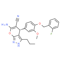 ChemSpider 2D Image | (4R)-6-Amino-4-{4-[(2-fluorobenzyl)oxy]-3-methoxyphenyl}-3-propyl-1,4-dihydropyrano[2,3-c]pyrazole-5-carbonitrile | C24H23FN4O3