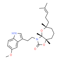 ChemSpider 2D Image | (3aR,5S,8aS)-3-[2-(5-Methoxy-1H-indol-3-yl)ethyl]-3a,5,8a-trimethyl-5-(4-methyl-3-penten-1-yl)hexahydrooxepino[2,3-d][1,3]oxazol-2(3H)-one | C27H38N2O4