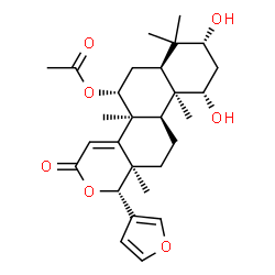 ChemSpider 2D Image | (1R,4bS,5R,6aS,8R,10S,10aR,10bR,12aR)-1-(3-Furyl)-8,10-dihydroxy-4b,7,7,10a,12a-pentamethyl-3-oxo-3,4b,5,6,6a,7,8,9,10,10a,10b,11,12,12a-tetradecahydro-1H-naphtho[2,1-f]isochromen-5-yl acetate | C28H38O7