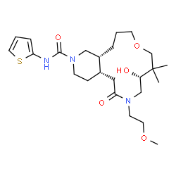 ChemSpider 2D Image | (4aS,9R,15aR)-9-Hydroxy-7-(2-methoxyethyl)-10,10-dimethyl-6-oxo-N-(2-thienyl)tetradecahydropyrido[4,3-i][1,6]oxazacyclotridecine-2(1H)-carboxamide | C24H39N3O5S