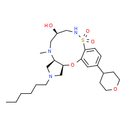 ChemSpider 2D Image | (3aR,6R,14aS)-2-Hexyl-4-methyl-12-(tetrahydro-2H-pyran-4-yl)-1,2,3,3a,4,5,6,7,8,14a-decahydropyrrolo[3,4-g][9,1,2,6]benzoxathiadiazacycloundecin-6-ol 9,9-dioxide | C25H41N3O5S