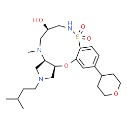 ChemSpider 2D Image | (3aR,6R,14aS)-4-Methyl-2-(3-methylbutyl)-12-(tetrahydro-2H-pyran-4-yl)-1,2,3,3a,4,5,6,7,8,14a-decahydropyrrolo[3,4-g][9,1,2,6]benzoxathiadiazacycloundecin-6-ol 9,9-dioxide | C24H39N3O5S
