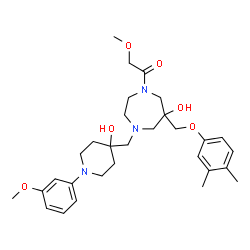 ChemSpider 2D Image | 1-(6-[(3,4-Dimethylphenoxy)methyl]-6-hydroxy-4-{[4-hydroxy-1-(3-methoxyphenyl)-4-piperidinyl]methyl}-1,4-diazepan-1-yl)-2-methoxyethanone | C30H43N3O6