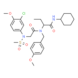 ChemSpider 2D Image | 2-{[N-(3-Chloro-4-methoxyphenyl)-N-(methylsulfonyl)glycyl](4-methoxybenzyl)amino}-N-cyclohexylbutanamide | C28H38ClN3O6S