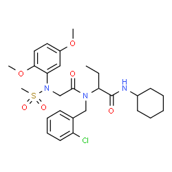 ChemSpider 2D Image | 2-{(2-Chlorobenzyl)[N-(2,5-dimethoxyphenyl)-N-(methylsulfonyl)glycyl]amino}-N-cyclohexylbutanamide | C28H38ClN3O6S