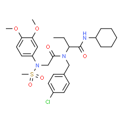 ChemSpider 2D Image | 2-{(4-Chlorobenzyl)[N-(3,4-dimethoxyphenyl)-N-(methylsulfonyl)glycyl]amino}-N-cyclohexylbutanamide | C28H38ClN3O6S
