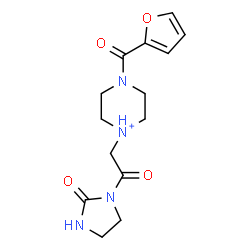 ChemSpider 2D Image | 4-(2-Furoyl)-1-[2-oxo-2-(2-oxo-1-imidazolidinyl)ethyl]piperazin-1-ium | C14H19N4O4