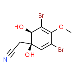 ChemSpider 2D Image | [(1R,6R)-3,5-Dibromo-1,6-dihydroxy-4-methoxy-2,4-cyclohexadien-1-yl]acetonitrile | C9H9Br2NO3