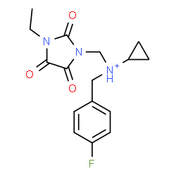 ChemSpider 2D Image | N-[(3-Ethyl-2,4,5-trioxo-1-imidazolidinyl)methyl]-N-(4-fluorobenzyl)cyclopropanaminium | C16H19FN3O3