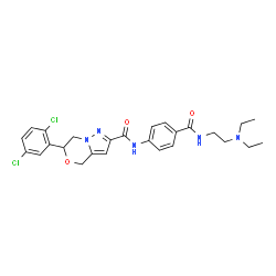 ChemSpider 2D Image | 6-(2,5-Dichlorophenyl)-N-(4-{[2-(diethylamino)ethyl]carbamoyl}phenyl)-6,7-dihydro-4H-pyrazolo[5,1-c][1,4]oxazine-2-carboxamide | C26H29Cl2N5O3