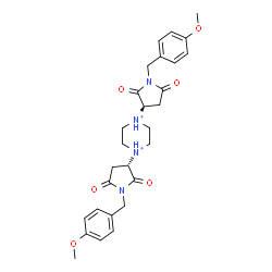 ChemSpider 2D Image | trans-1-[(3R)-1-(4-Methoxybenzyl)-2,5-dioxo-3-pyrrolidinyl]-4-[(3S)-1-(4-methoxybenzyl)-2,5-dioxo-3-pyrrolidinyl]piperazinediium | C28H34N4O6