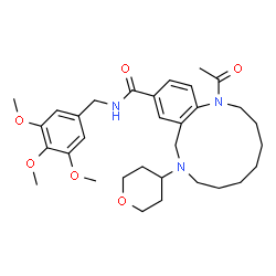 ChemSpider 2D Image | 1-Acetyl-9-(tetrahydro-2H-pyran-4-yl)-N-(3,4,5-trimethoxybenzyl)-1,2,3,4,5,6,7,8,9,10-decahydro-1,9-benzodiazacyclododecine-12-carboxamide | C32H45N3O6