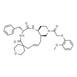 ChemSpider 2D Image | (3'R,8'E,10a'R,14a'S)-3'-Benzyl-12'-[(2-methoxyphenoxy)acetyl]-2,3,3',4',5,6,7',10',10a',11',12',13',14',14a'-tetradecahydro-1'H-spiro[pyran-4,6'-pyrido[4,3-e][1,4]diazacyclododecine]-2',5'-dione | C33H41N3O6
