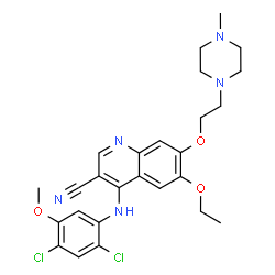 ChemSpider 2D Image | 4-[(2,4-Dichloro-5-methoxyphenyl)amino]-6-ethoxy-7-[2-(4-methyl-1-piperazinyl)ethoxy]-3-quinolinecarbonitrile | C26H29Cl2N5O3