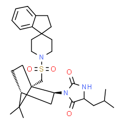 ChemSpider 2D Image | 3-{(1S,2S,4R)-1-[(2,3-Dihydro-1'H-spiro[indene-1,4'-piperidin]-1'-ylsulfonyl)methyl]-7,7-dimethylbicyclo[2.2.1]hept-2-yl}-5-isobutyl-2,4-imidazolidinedione | C30H43N3O4S
