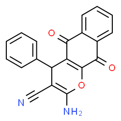 ChemSpider 2D Image | 2-Amino-5,10-dioxo-4-phenyl-5,10-dihydro-4H-benzo[g]chromene-3-carbonitrile | C20H12N2O3