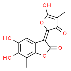 ChemSpider 2D Image | (3E)-5,6-Dihydroxy-3-(5-hydroxy-4-methyl-3-oxo-2(3H)-furanylidene)-7-methyl-1-benzofuran-2(3H)-one | C14H10O7