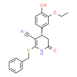ChemSpider 2D Image | (4S)-2-(Benzylsulfanyl)-4-(3-ethoxy-4-hydroxyphenyl)-6-oxo-1,4,5,6-tetrahydro-3-pyridinecarbonitrile | C21H20N2O3S