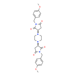 ChemSpider 2D Image | (3R,3'R)-3,3'-(1,4-Piperazinediyl)bis[1-(4-methoxybenzyl)-2,5-pyrrolidinedione] | C28H32N4O6