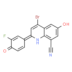 ChemSpider 2D Image | (2E)-4-Bromo-2-(3-fluoro-4-oxo-2,5-cyclohexadien-1-ylidene)-6-hydroxy-1,2-dihydro-8-quinolinecarbonitrile | C16H8BrFN2O2