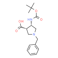 ChemSpider 2D Image | (3S,4S)-1-Benzyl-4-({[(2-methyl-2-propanyl)oxy]carbonyl}amino)-3-pyrrolidinecarboxylic acid | C17H24N2O4