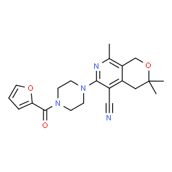 ChemSpider 2D Image | 6-[4-(2-Furoyl)-1-piperazinyl]-3,3,8-trimethyl-3,4-dihydro-1H-pyrano[3,4-c]pyridine-5-carbonitrile | C21H24N4O3