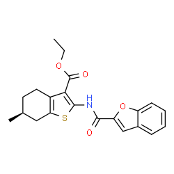 ChemSpider 2D Image | Ethyl (6S)-2-[(1-benzofuran-2-ylcarbonyl)amino]-6-methyl-4,5,6,7-tetrahydro-1-benzothiophene-3-carboxylate | C21H21NO4S
