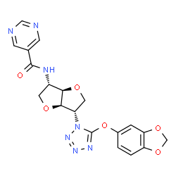 ChemSpider 2D Image | 1,4:3,6-Dianhydro-2-[5-(1,3-benzodioxol-5-yloxy)-1H-tetrazol-1-yl]-2,5-dideoxy-5-[(5-pyrimidinylcarbonyl)amino]-L-iditol | C19H17N7O6