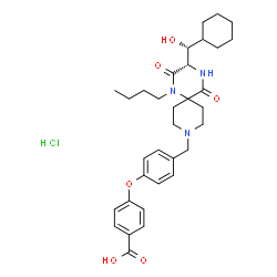 ChemSpider 2D Image | 4-[4-({(3S)-1-Butyl-3-[(R)-cyclohexyl(hydroxy)methyl]-2,5-dioxo-1,4,9-triazaspiro[5.5]undec-9-yl}methyl)phenoxy]benzoic acid hydrochloride (1:1) | C33H44ClN3O6