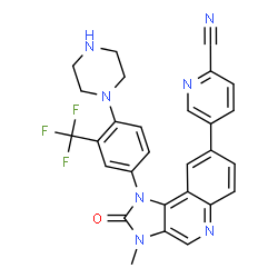 ChemSpider 2D Image | 5-{3-Methyl-2-oxo-1-[4-(1-piperazinyl)-3-(trifluoromethyl)phenyl]-2,3-dihydro-1H-imidazo[4,5-c]quinolin-8-yl}-2-pyridinecarbonitrile | C28H22F3N7O