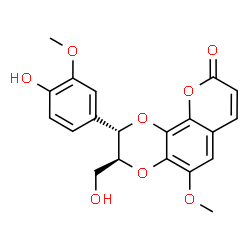 ChemSpider 2D Image | (2S,3S)-2-(4-Hydroxy-3-methoxyphenyl)-3-(hydroxymethyl)-5-methoxy-2,3-dihydro-9H-[1,4]dioxino[2,3-h]chromen-9-one | C20H18O8