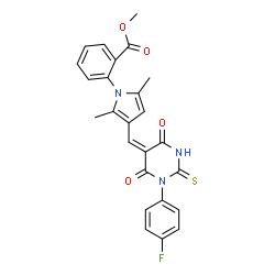 ChemSpider 2D Image | methyl 2-{3-[(1-(4-fluorophenyl)-4,6-dioxo-2-thioxotetrahydro-5(2H)-pyrimidinylidene)methyl]-2,5-dimethyl-1H-pyrrol-1-yl}benzoate | C25H20FN3O4S