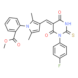 ChemSpider 2D Image | Methyl 2-(3-{(Z)-[1-(4-fluorophenyl)-4,6-dioxo-2-thioxotetrahydro-5(2H)-pyrimidinylidene]methyl}-2,5-dimethyl-1H-pyrrol-1-yl)benzoate | C25H20FN3O4S
