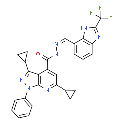 ChemSpider 2D Image | 3,6-Dicyclopropyl-1-phenyl-N'-{(Z)-[2-(trifluoromethyl)-1H-benzimidazol-7-yl]methylene}-1H-pyrazolo[3,4-b]pyridine-4-carbohydrazide | C28H22F3N7O