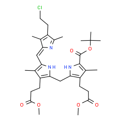 ChemSpider 2D Image | 2-Methyl-2-propanyl 5-{[5-{(Z)-[4-(2-chloroethyl)-3,5-dimethyl-2H-pyrrol-2-ylidene]methyl}-3-(3-methoxy-3-oxopropyl)-4-methyl-1H-pyrrol-2-yl]methyl}-4-(3-methoxy-3-oxopropyl)-3-methyl-1H-pyrrole-2-car
boxylate | C33H44ClN3O6