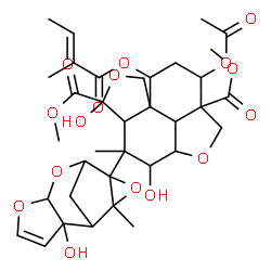 ChemSpider 2D Image | Dimethyl 10-acetoxy-3,5-dihydroxy-4-(2-hydroxy-11-methyl-5,7,10-trioxatetracyclo[6.3.1.0~2,6~.0~9,11~]dodec-3-en-9-yl)-4-methyl-8-{[(2E)-2-methyl-2-butenoyl]oxy}octahydro-1H-furo[3',4':4,4a]naphtho[1,
8-bc]furan-5,10a(8H)-dicarboxylate | C35H44O16