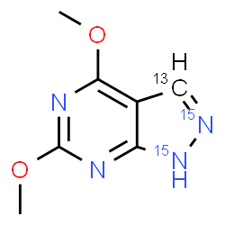 ChemSpider 2D Image | 4,6-Dimethoxy(3-~13~C,1,2-~15~N_2_)-1H-pyrazolo[3,4-d]pyrimidine | C613CH8N215N2O2