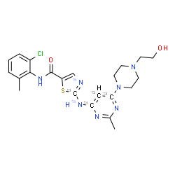 ChemSpider 2D Image | N-(2-Chloro-6-methylphenyl)-2-[{6-[4-(2-hydroxyethyl)-1-piperazinyl]-2-methyl(4,5,6-~13~C_3_)-4-pyrimidinyl}(~15~N)amino](2-~13~C,~15~N)-1,3-thiazole-5-carboxamide | C1813C4H26ClN515N2O2S