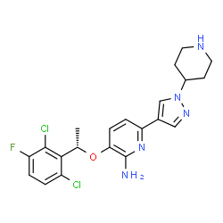 ChemSpider 2D Image | 3-[(1S)-1-(2,6-Dichloro-3-fluorophenyl)ethoxy]-6-[1-(4-piperidinyl)-1H-pyrazol-4-yl]-2-pyridinamine | C21H22Cl2FN5O