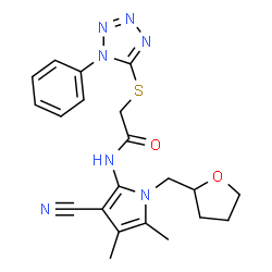 ChemSpider 2D Image | N-[3-Cyano-4,5-dimethyl-1-(tetrahydro-2-furanylmethyl)-1H-pyrrol-2-yl]-2-[(1-phenyl-1H-tetrazol-5-yl)sulfanyl]acetamide | C21H23N7O2S