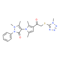 ChemSpider 2D Image | 4-(2,5-Dimethyl-3-{[(1-methyl-1H-tetrazol-5-yl)sulfanyl]acetyl}-1H-pyrrol-1-yl)-1,5-dimethyl-2-phenyl-1,2-dihydro-3H-pyrazol-3-one | C21H23N7O2S