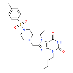 ChemSpider 2D Image | 3-Butyl-7-ethyl-8-({4-[(4-methylphenyl)sulfonyl]-1-piperazinyl}methyl)-3,7-dihydro-1H-purine-2,6-dione | C23H32N6O4S