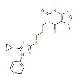 ChemSpider 2D Image | 1-{3-[(5-Cyclopropyl-1-phenyl-1H-1,2,4-triazol-3-yl)sulfanyl]propyl}-3,7-dimethyl-3,7-dihydro-1H-purine-2,6-dione | C21H23N7O2S