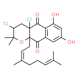 ChemSpider 2D Image | 3,4a-Dichloro-10a-[(2Z)-3,7-dimethyl-2,6-octadien-1-yl]-6,8-dihydroxy-2,2-dimethyl-3,4,4a,10a-tetrahydro-2H-benzo[g]chromene-5,10-dione | C25H30Cl2O5