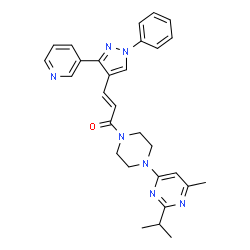 ChemSpider 2D Image | (2E)-1-[4-(2-Isopropyl-6-methyl-4-pyrimidinyl)-1-piperazinyl]-3-[1-phenyl-3-(3-pyridinyl)-1H-pyrazol-4-yl]-2-propen-1-one | C29H31N7O