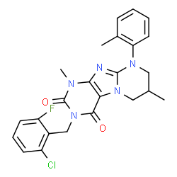 ChemSpider 2D Image | 3-(2-Chloro-6-fluorobenzyl)-1,7-dimethyl-9-(2-methylphenyl)-6,7,8,9-tetrahydropyrimido[2,1-f]purine-2,4(1H,3H)-dione | C24H23ClFN5O2