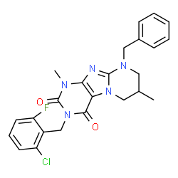 ChemSpider 2D Image | 9-Benzyl-3-(2-chloro-6-fluorobenzyl)-1,7-dimethyl-6,7,8,9-tetrahydropyrimido[2,1-f]purine-2,4(1H,3H)-dione | C24H23ClFN5O2