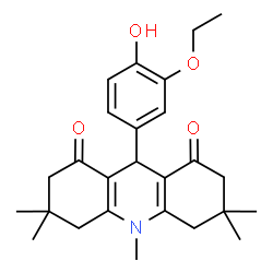 ChemSpider 2D Image | 9-(3-Ethoxy-4-hydroxyphenyl)-3,3,6,6,10-pentamethyl-3,4,6,7,9,10-hexahydro-1,8(2H,5H)-acridinedione | C26H33NO4