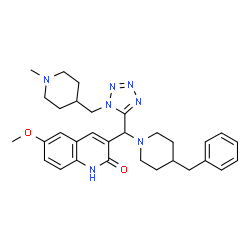 ChemSpider 2D Image | 3-[(4-Benzyl-1-piperidinyl){1-[(1-methyl-4-piperidinyl)methyl]-1H-tetrazol-5-yl}methyl]-6-methoxy-2(1H)-quinolinone | C31H39N7O2