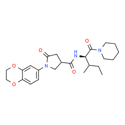 ChemSpider 2D Image | 1-(2,3-Dihydro-1,4-benzodioxin-6-yl)-N-[(2R)-3-methyl-1-oxo-1-(1-piperidinyl)-2-pentanyl]-5-oxo-3-pyrrolidinecarboxamide | C24H33N3O5